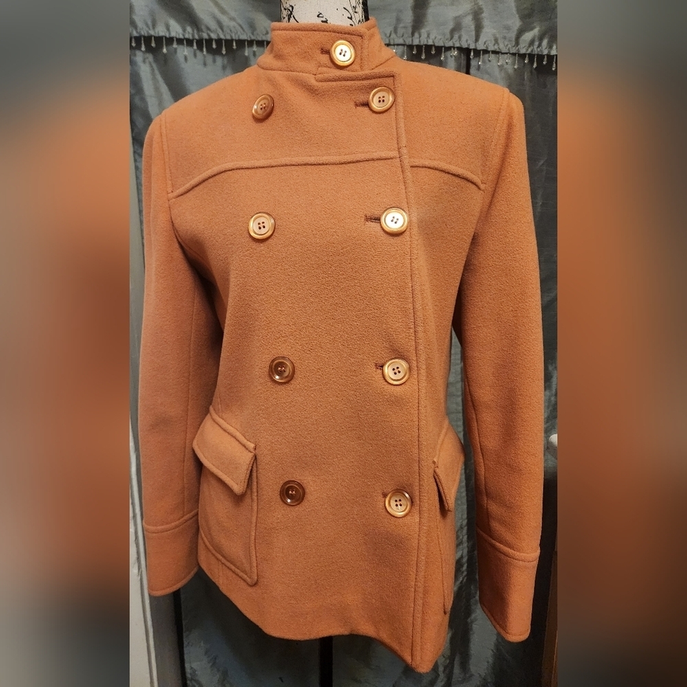 🍊David N Double-Breasted Burnt Orange Pea Coat Wool Blend Women's Small